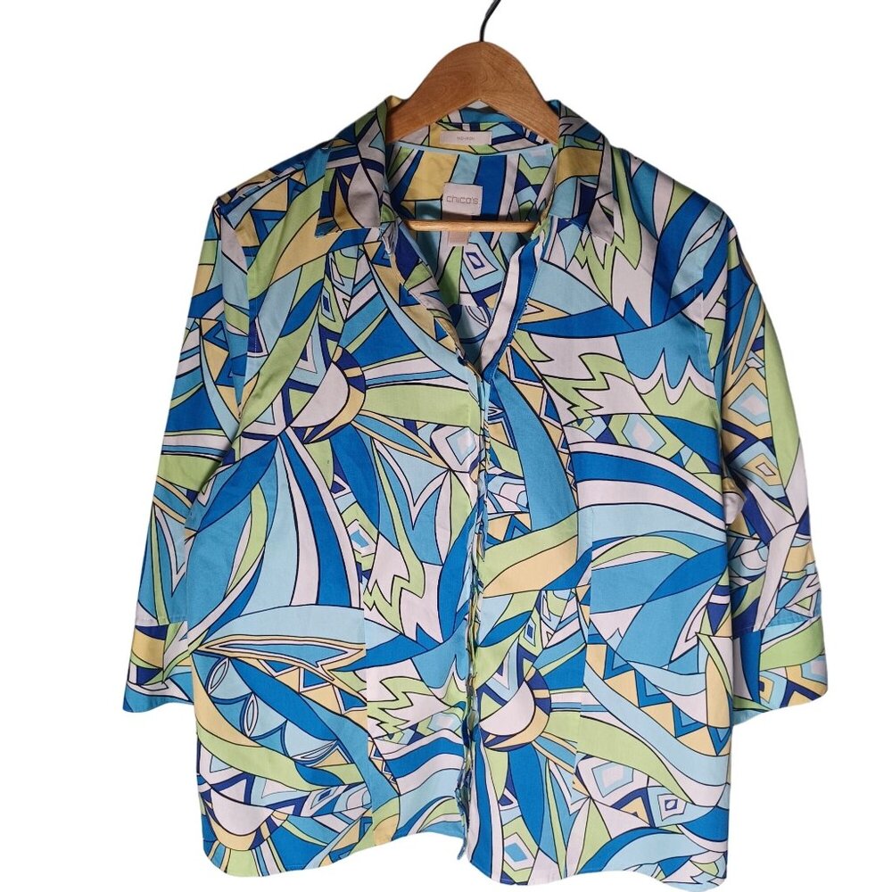 Chico's Button Up Top Womens 3 Artsy Colorful Geometric Resort Abstract Beachy